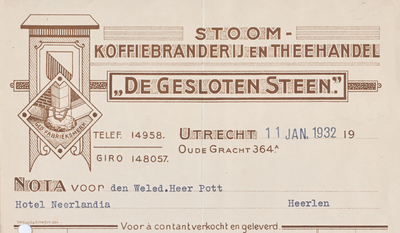 711897 Kop van een nota van [G. Ribbius Pelletier Jr.], “De Gesloten Steen , Stoomkoffiebranderij en Theehandel, ...